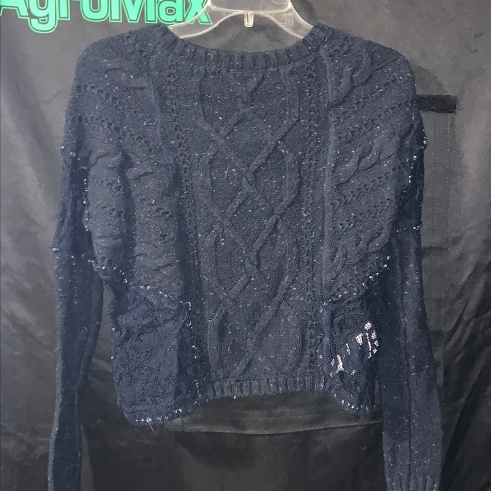 Navy Blue Cropped Sweater with Lace Cut Outs